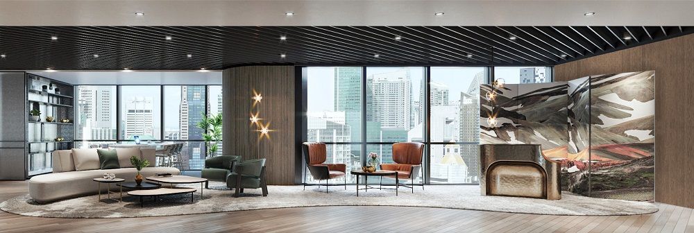 Luxury lounge area at Arcc Spaces in One Marina Boulevard Singapore, featuring modern furniture and panoramic city views.